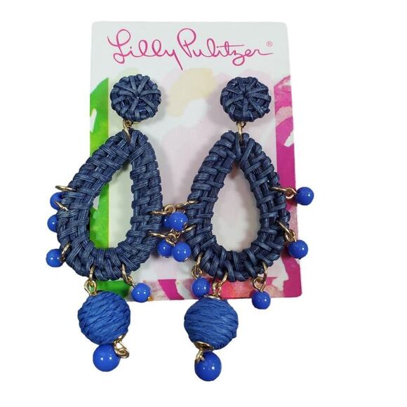 Lilly Pulitzer Raffia Earrings Alba Blue Chandelier Boho Casual Vacation NEW - Picture 1 of 7